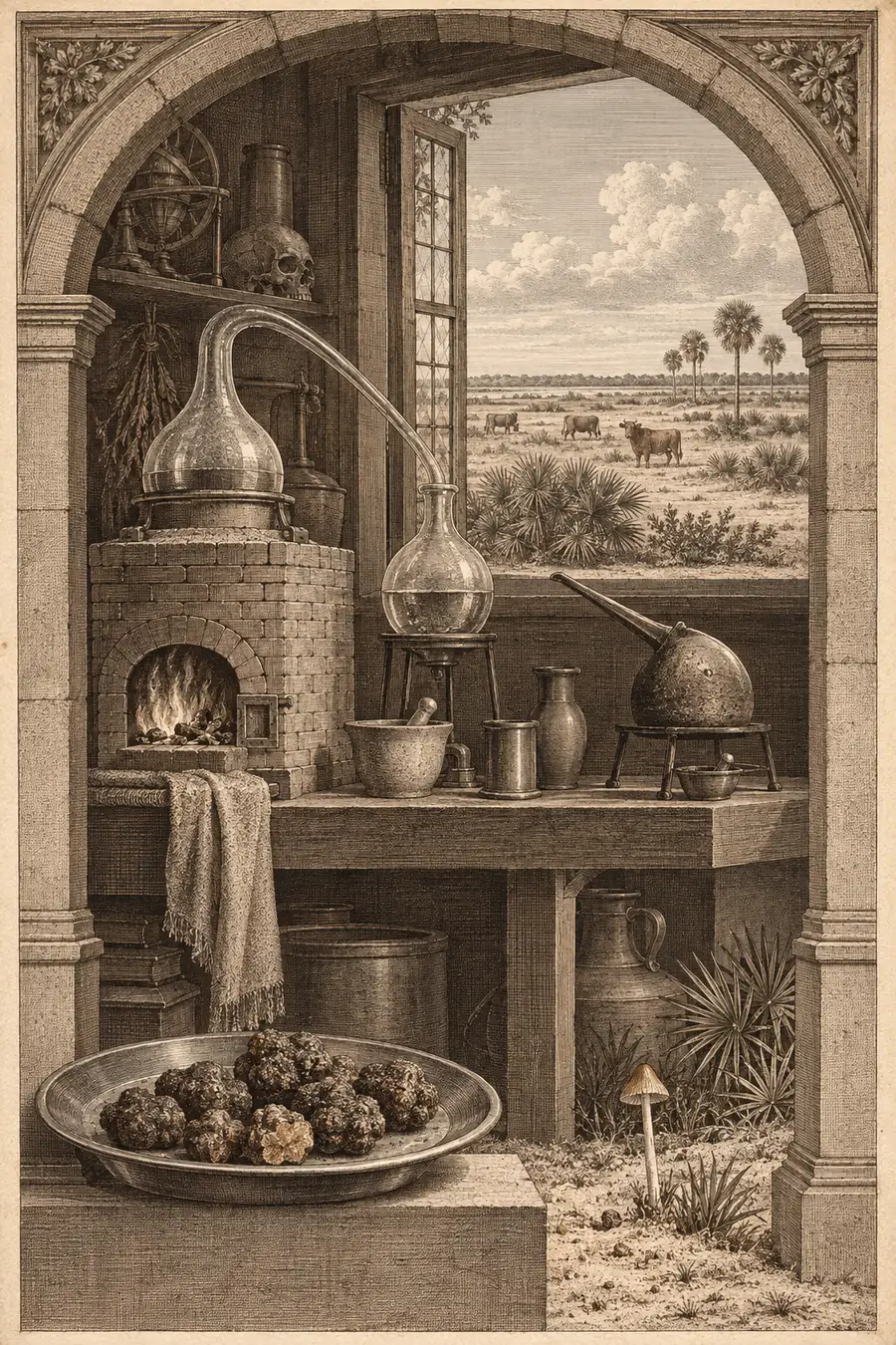 Engraving in the style of a seventeenth-century frontispiece: an alchemist's furnace and glassware, a dish of knobbly truffles, a small mushroom in sandy ground and, through the window, a Florida meadow with palmettos and cattle.